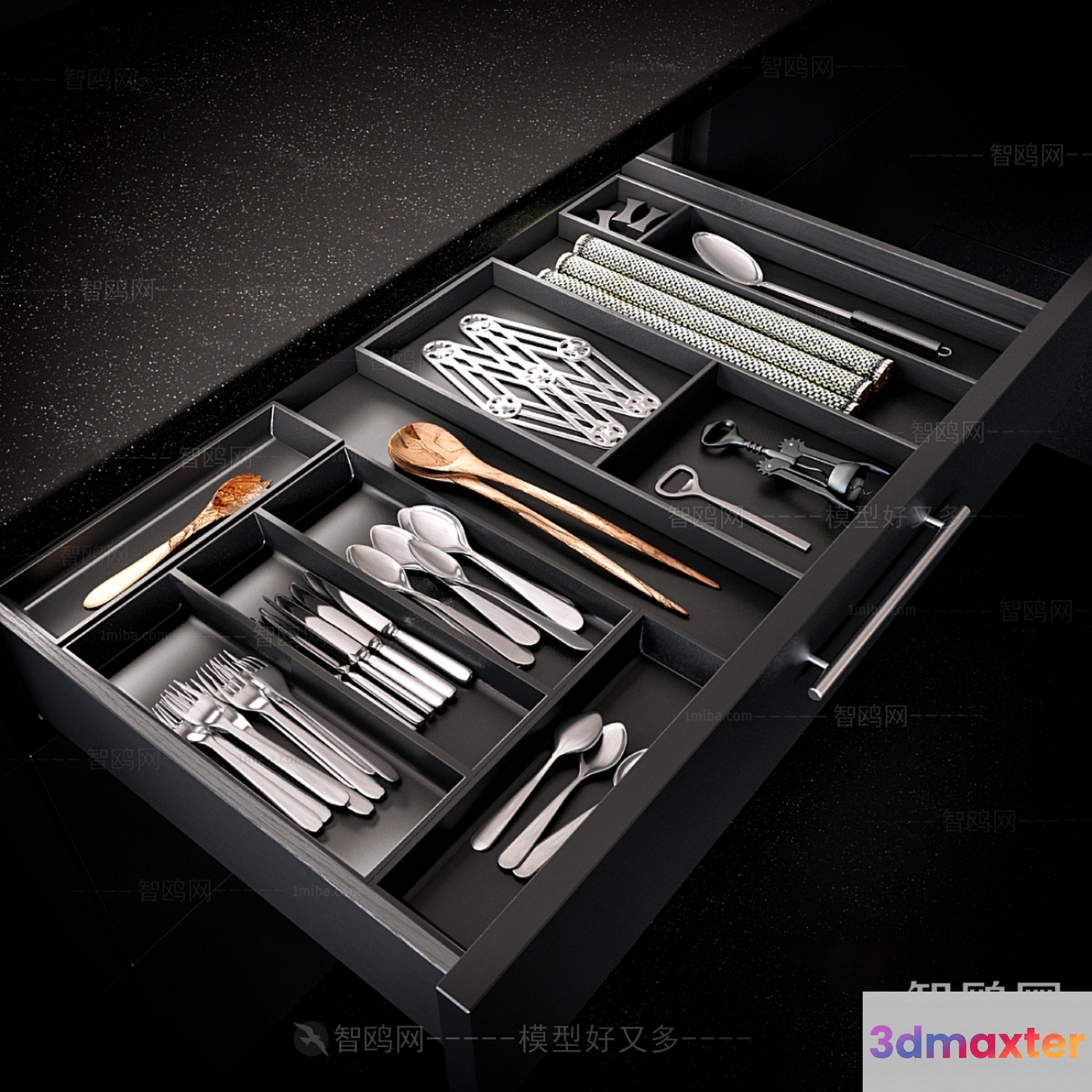 A Drawer With Various Utensils 3D Model - 22220 - VRAY Render
