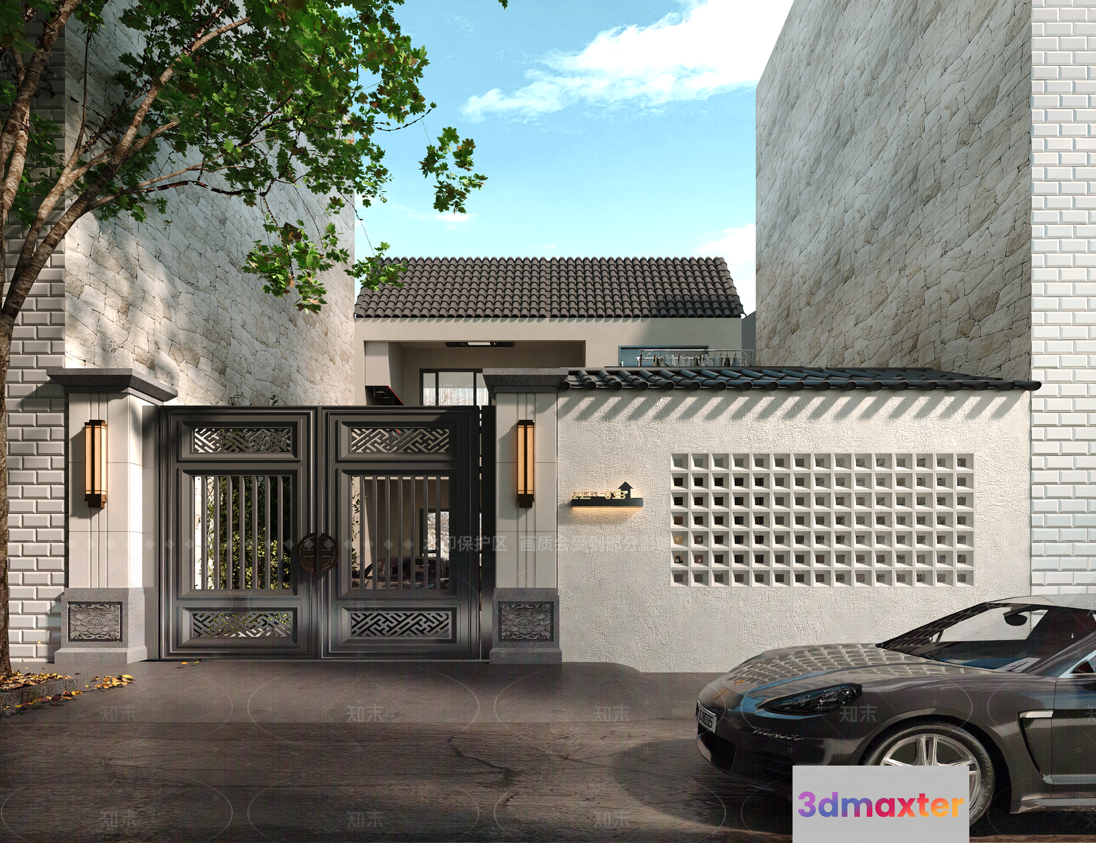 A Modern House With A Car Parked In Front 3D Model - 12525 - VRAY Render