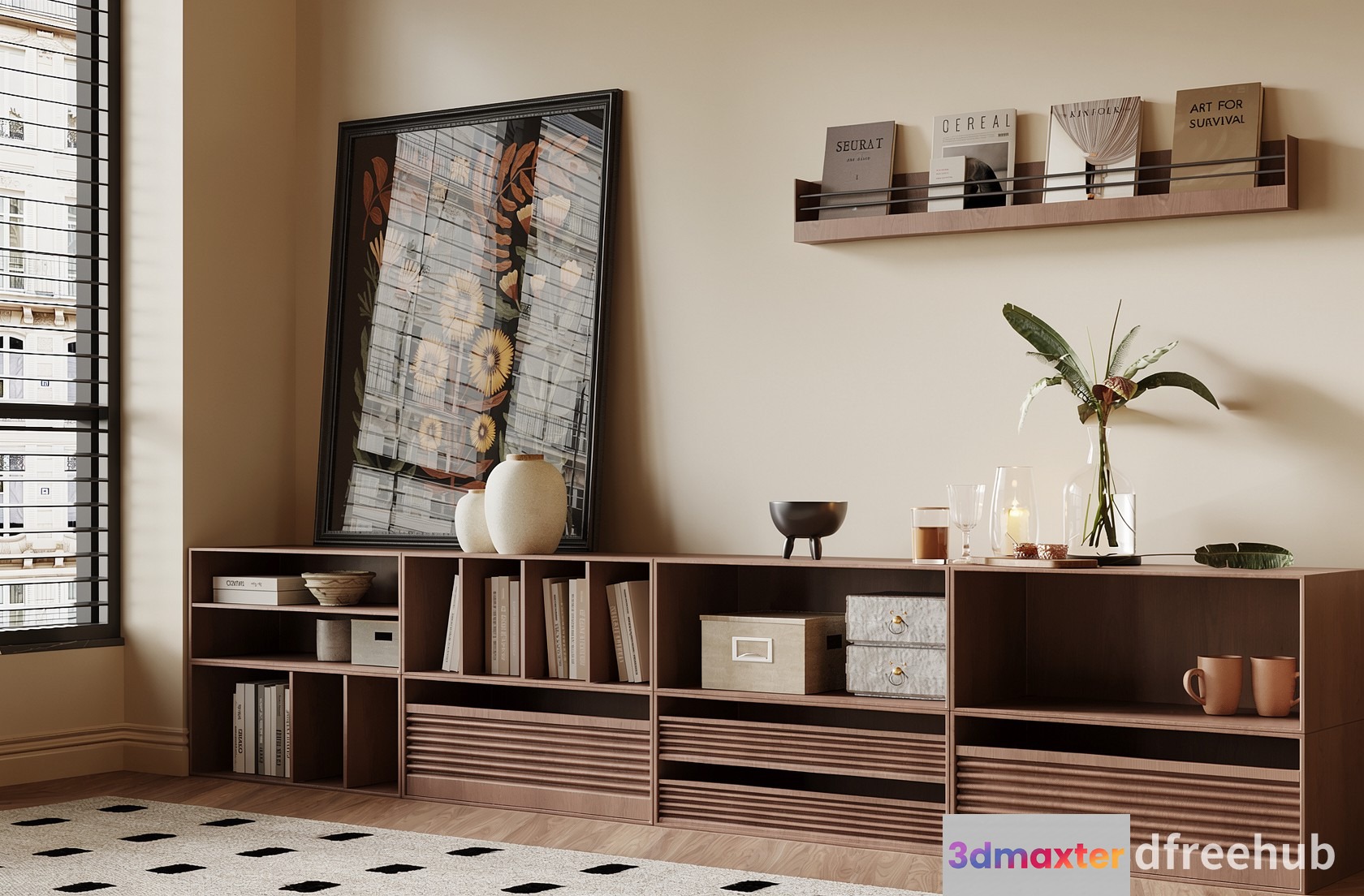 A Large Wooden Shelving Unit 3D Model - 23628 - VRAY Render