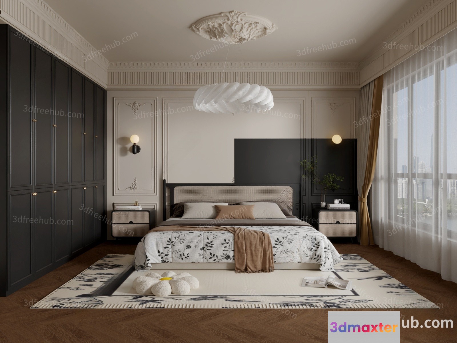 Cozy Bedroom With A Large Bed 3D Model - 21844 - VRAY Render