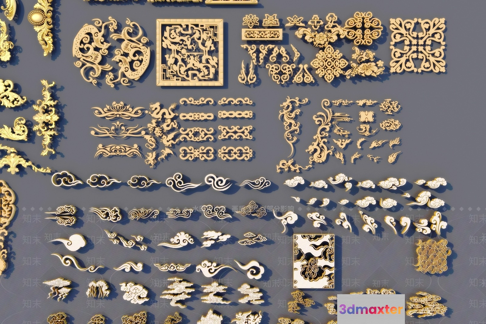 Gold And White Decorative Elements 3D Model - 500 - VRAY Render