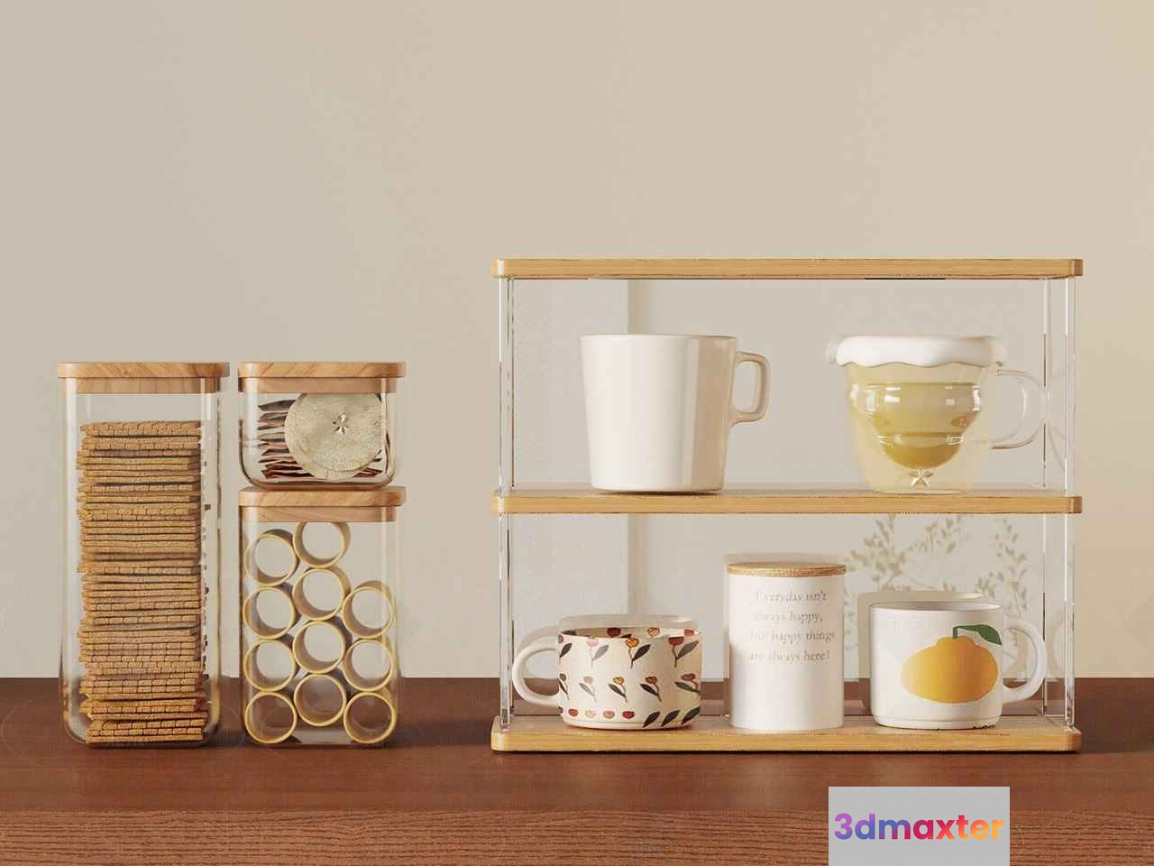 Wooden And Glass Shelves 3D Model - 20362 - VRAY Render