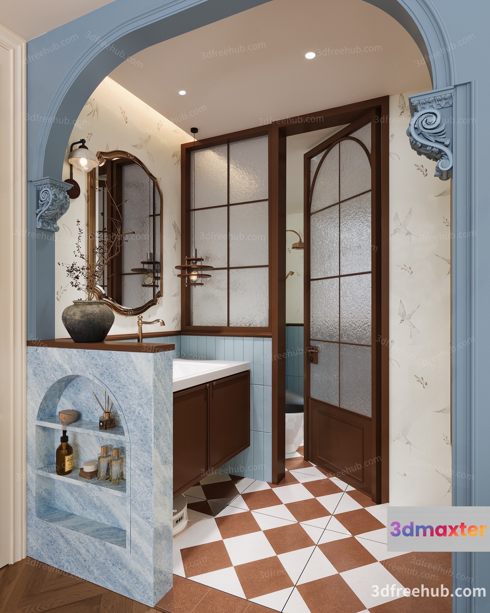 A Bathroom With A Sink And Mirror 3D Model - 22587 - VRAY Render