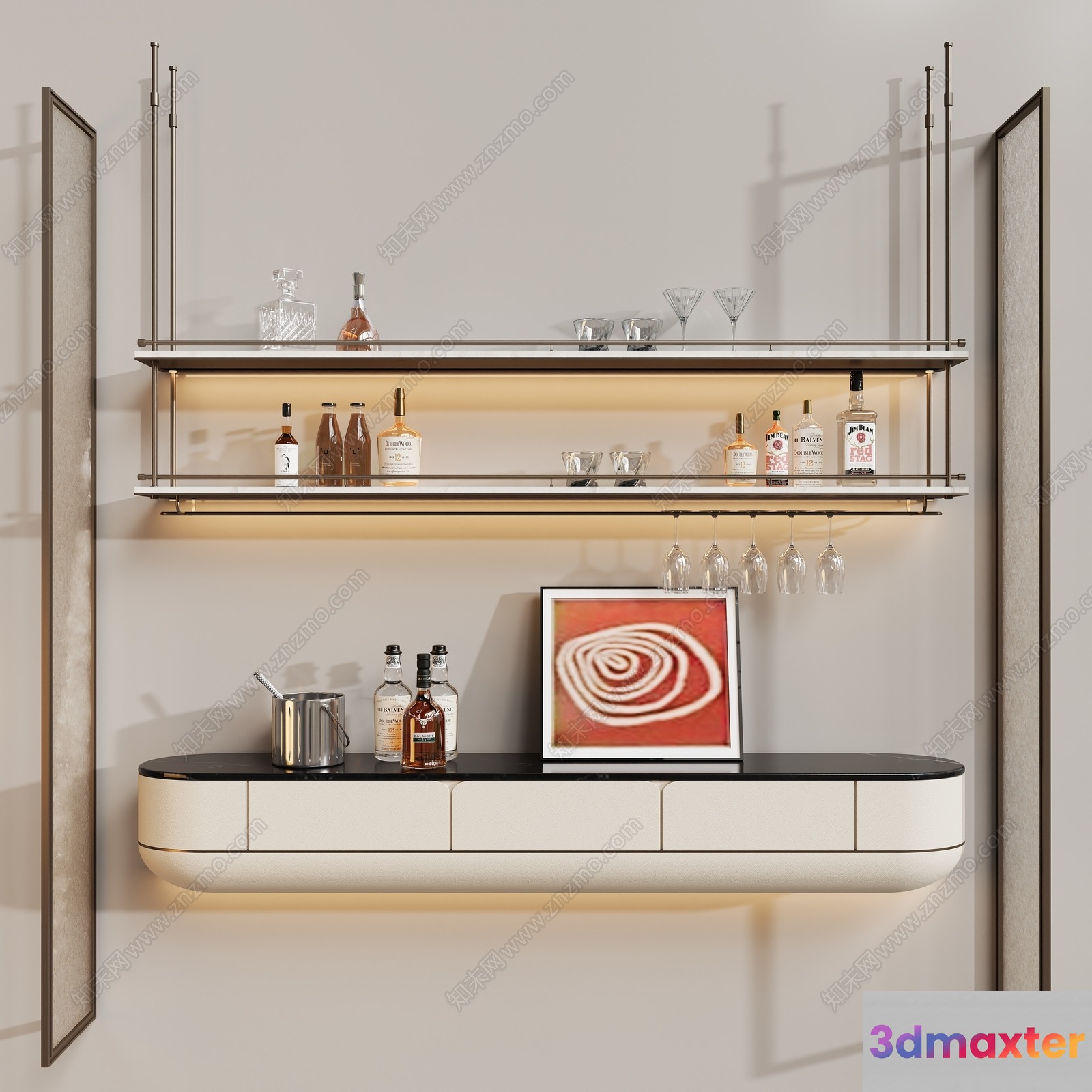 A Shelf With Various Bottles And A Picture 3D Model - 13424 - VRAY Render