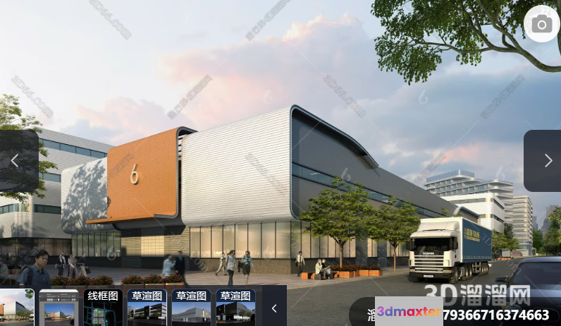A 3D Rendering Of A Modern Building With A Truck Parked Outside 3D Model - 8525 - VRAY Render