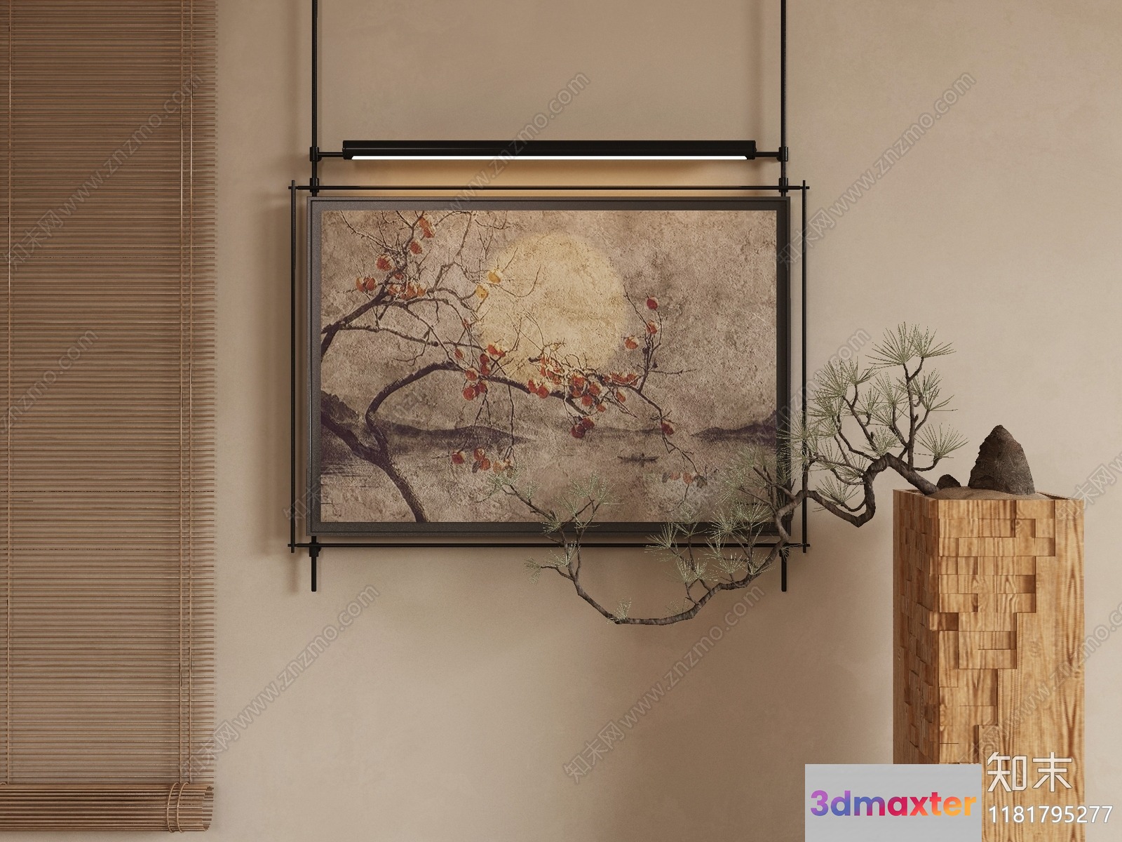 A Japanese-Style Painting Of A Tree With Red Leaves And A Full Moon In 3D Model - 10751 - VRAY Render