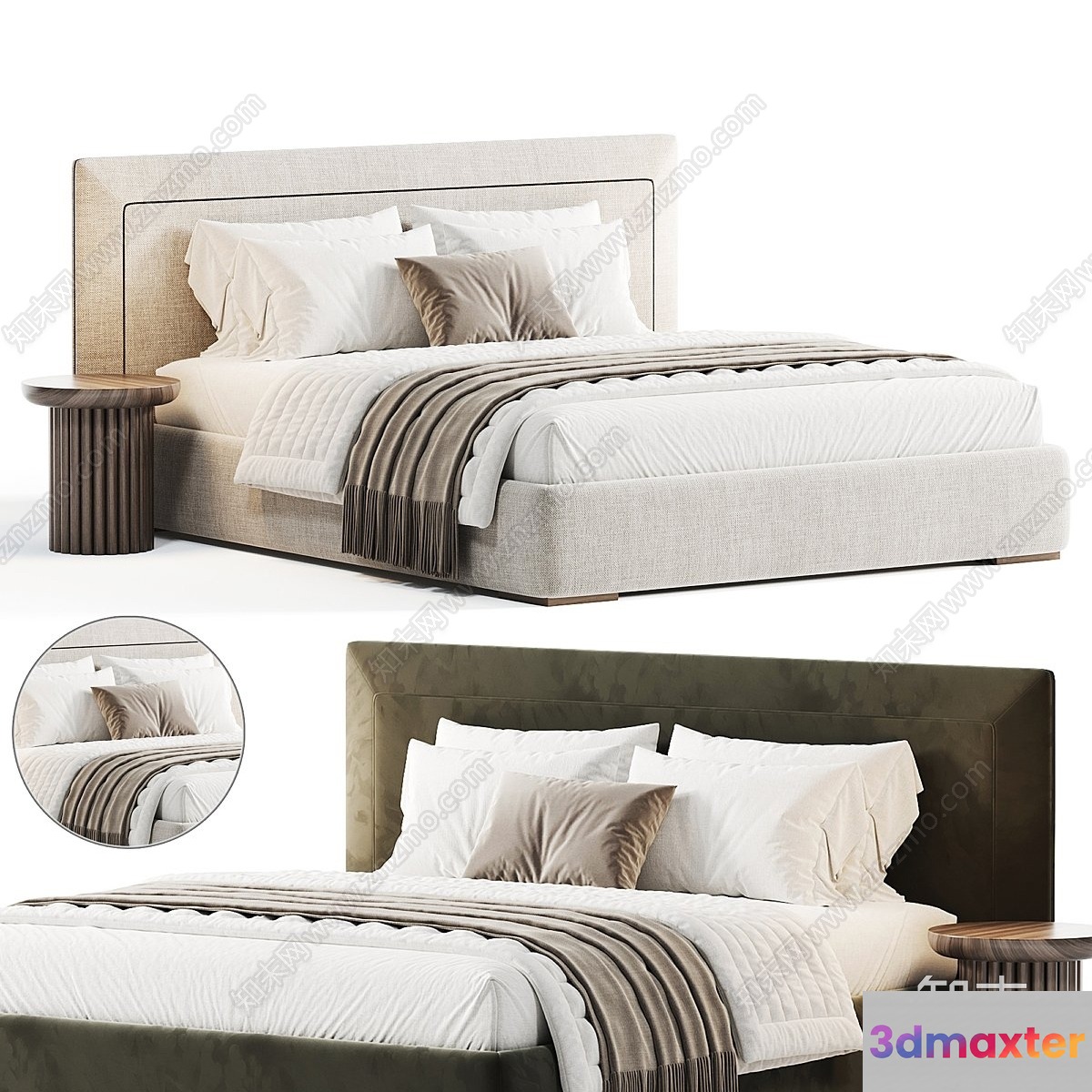 Beige And Brown Bed With Pillows And A Blanket 3D Model - 13434 - VRAY Render