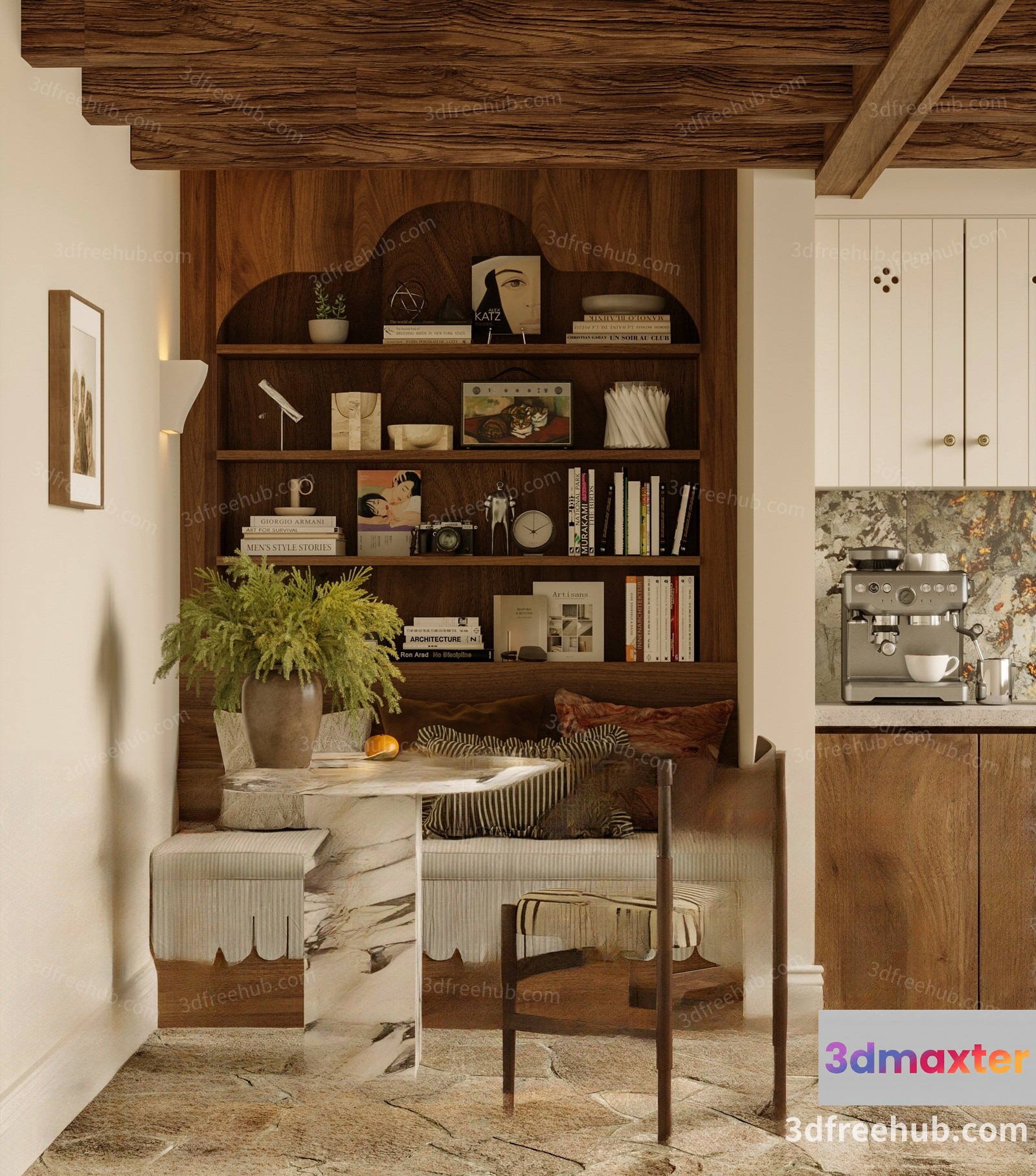 A Cozy Living Room With A Bookshelf 3D Model - 19636 - VRAY Render