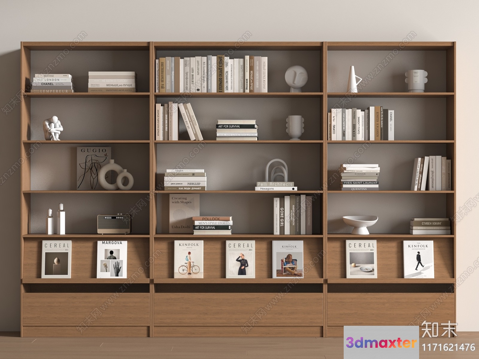 Wooden Bookshelf With Decorations 3D Model - 11772 - VRAY Render