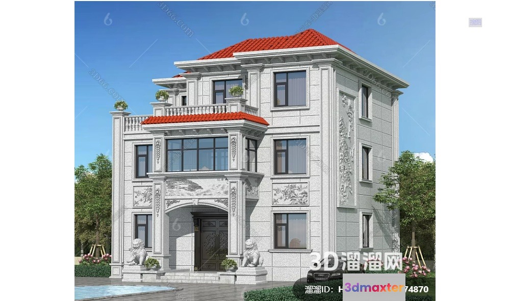 A Large House With A Red Roof 3D Model - 4478 - VRAY Render