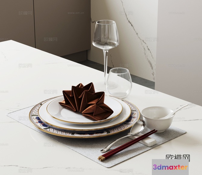 A Table Setting With A Decorative Napkin 3D Model - 6760 - VRAY Render