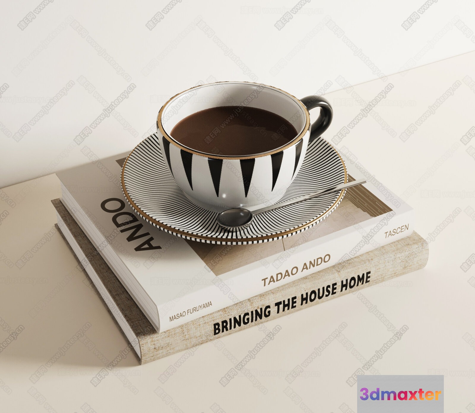A Stack Of Books With A Cup Of Coffee On Top 3D Model - 17348 - VRAY Render