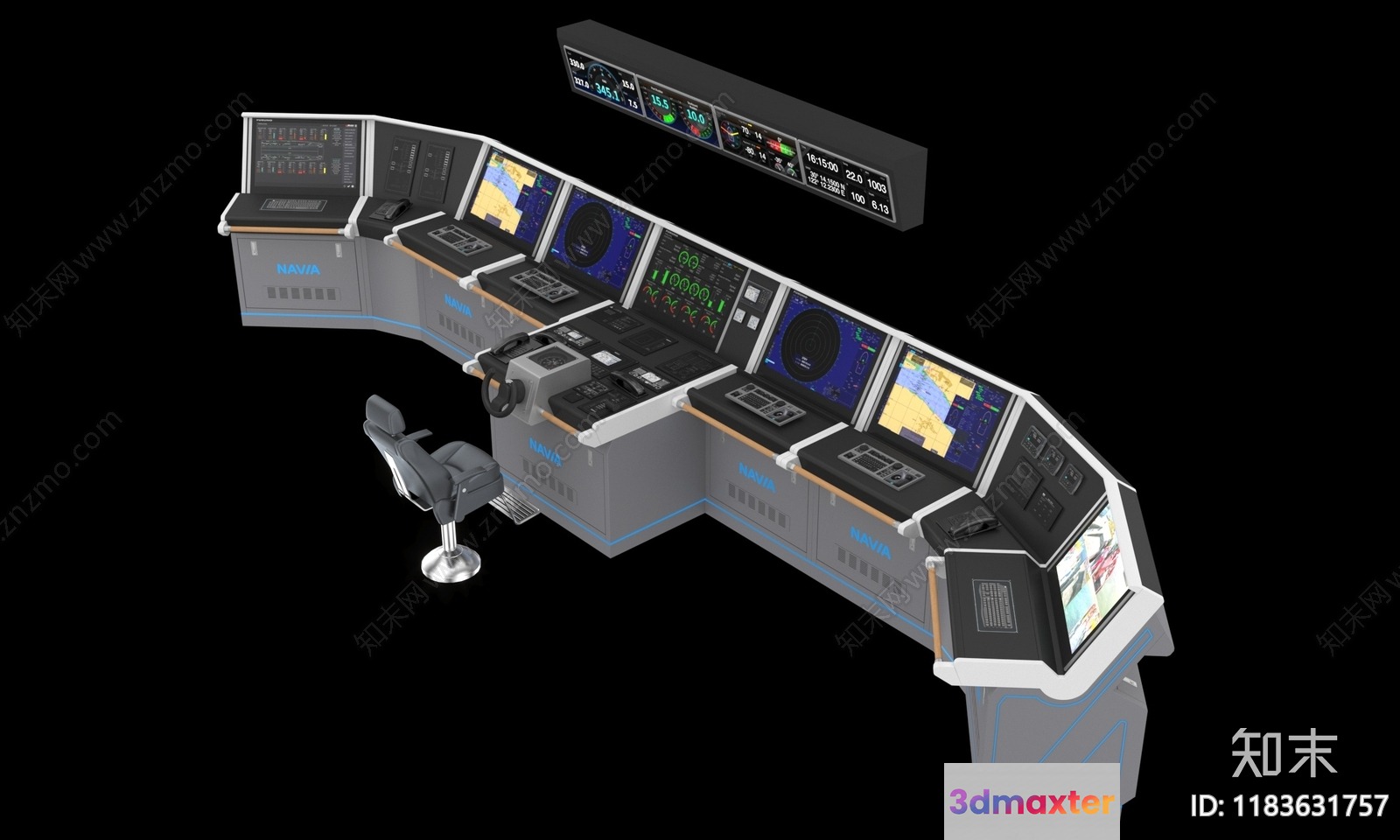 A Large Control Panel With Multiple Screens And Chairs 3D Model - 389 - VRAY Render