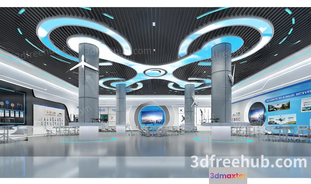 The Main Subject Is A Large Room With A Futuristic Design Featuring A Prominent 3D Model - 22634 - VRAY Render