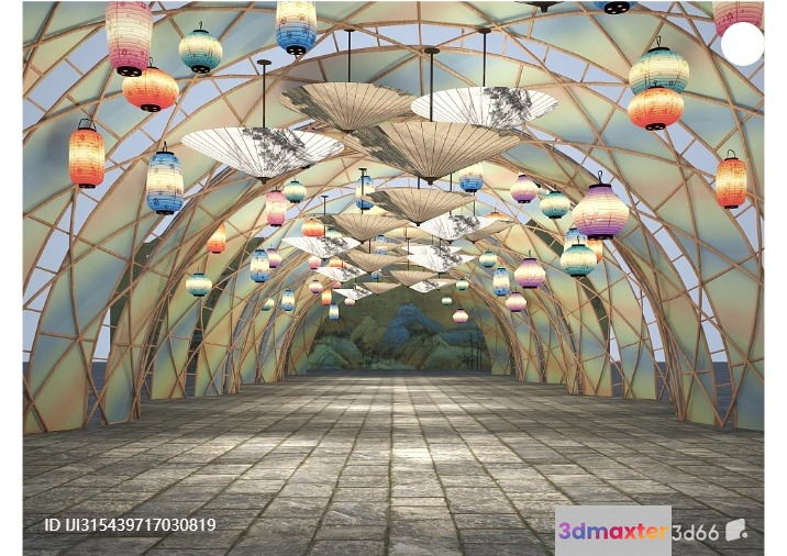 A Large Open Room With A High Ceiling And Many Colorful Lanterns Hanging 3D Model - 3999 - VRAY Render