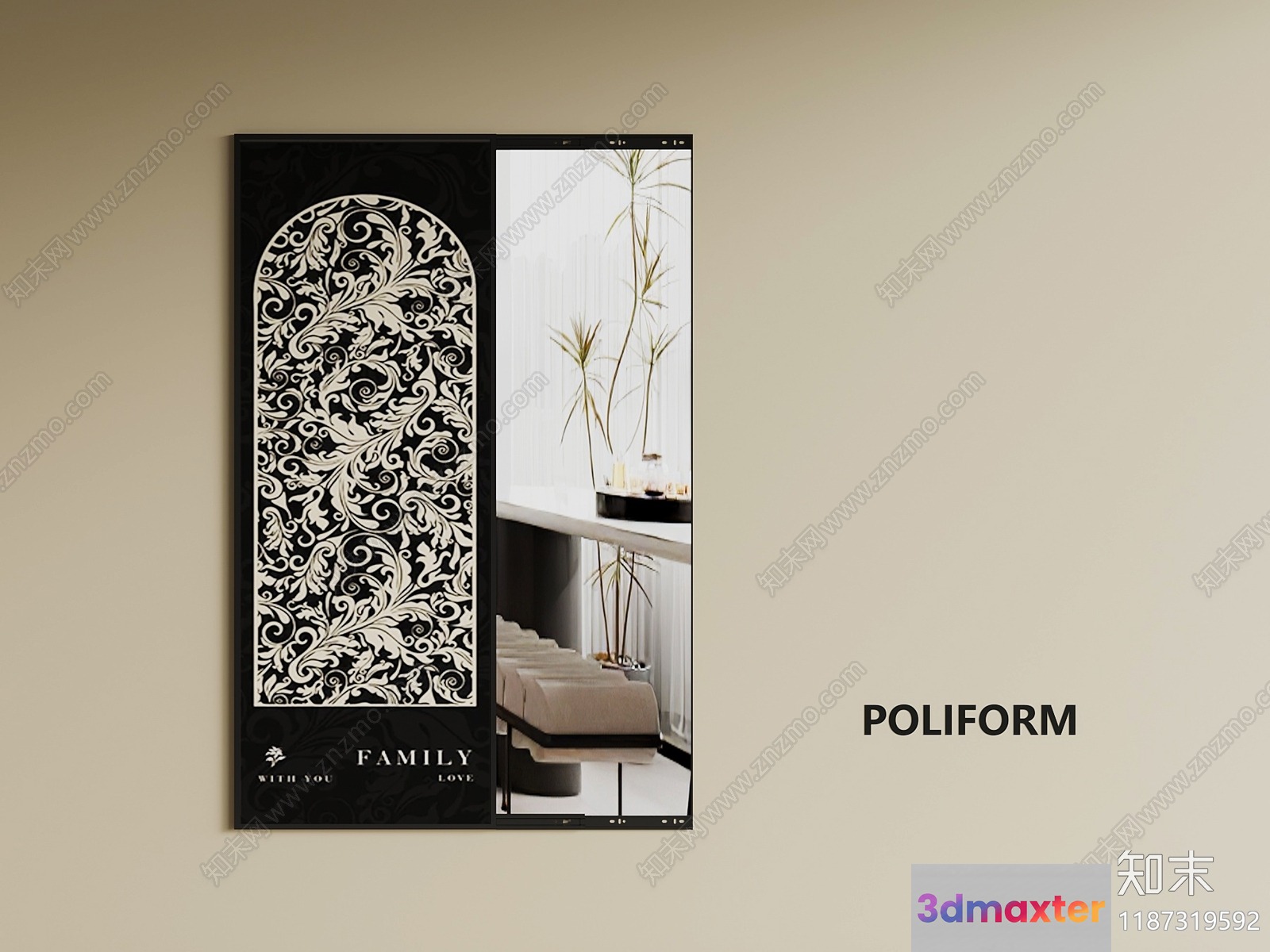 The Image Features A Poliform Mirror With A Decorative Frame 3D Model - 17168 - VRAY Render