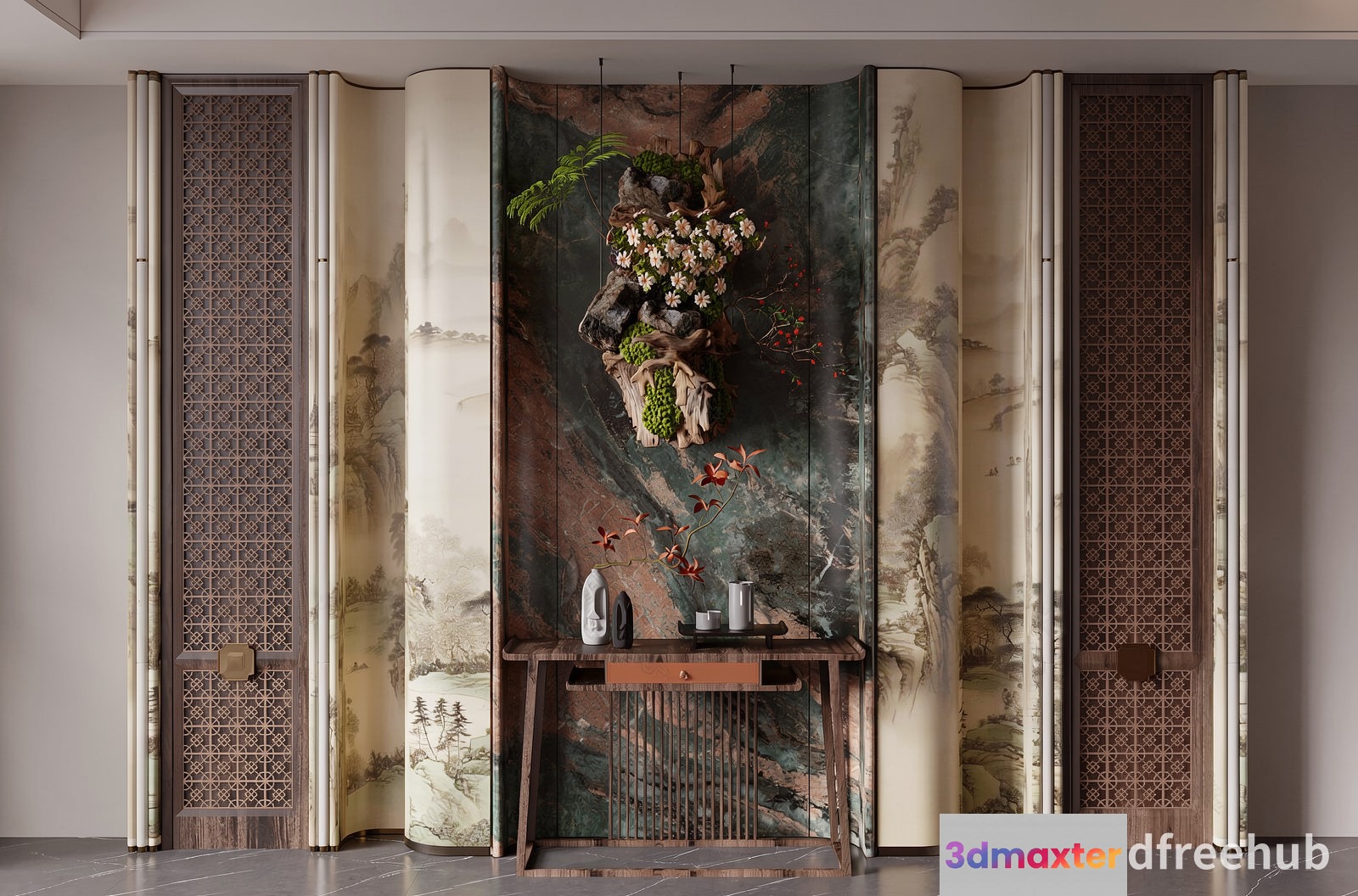 A Large Room Divider With A Painting Of A Deer'S Head 3D Model - 23325 - VRAY Render