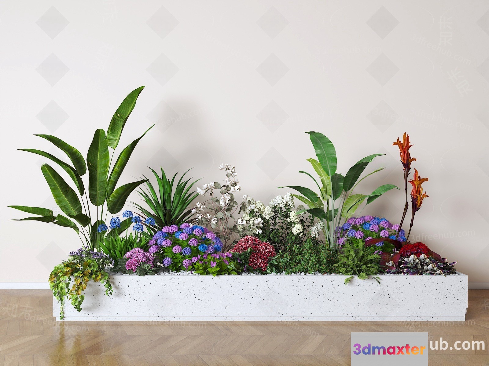 A Large White Planter Filled With Various Plants 3D Model - 23574 - VRAY Render