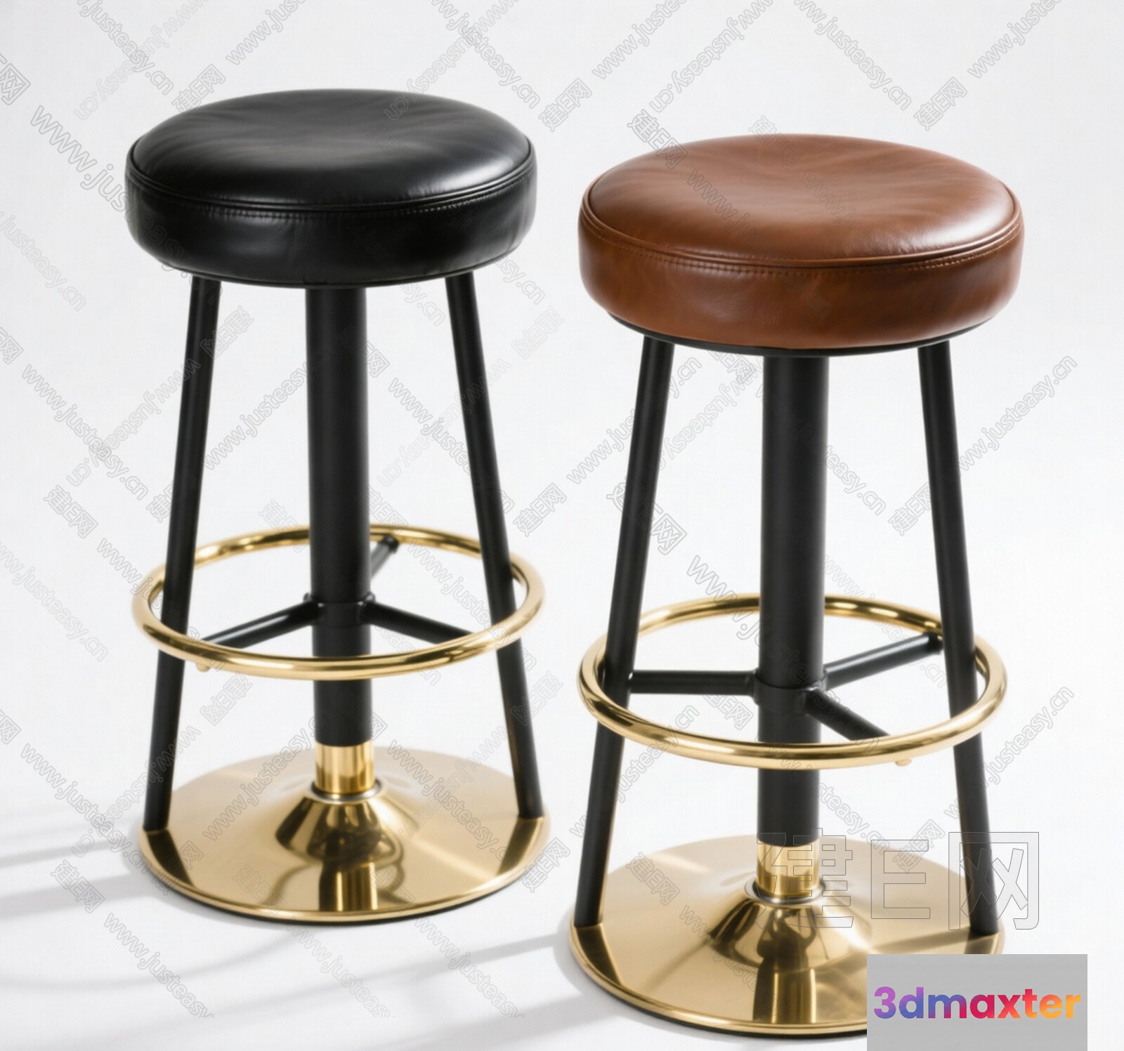Two Bar Stools With Leather Seats And Gold Accents 3D Model - 7457 - VRAY Render