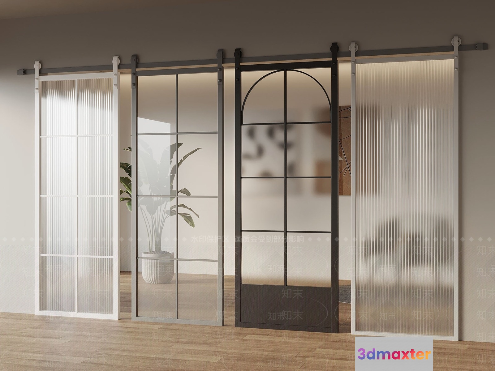 A Sliding Door With A Glass Panel 3D Model - 18029 - VRAY Render