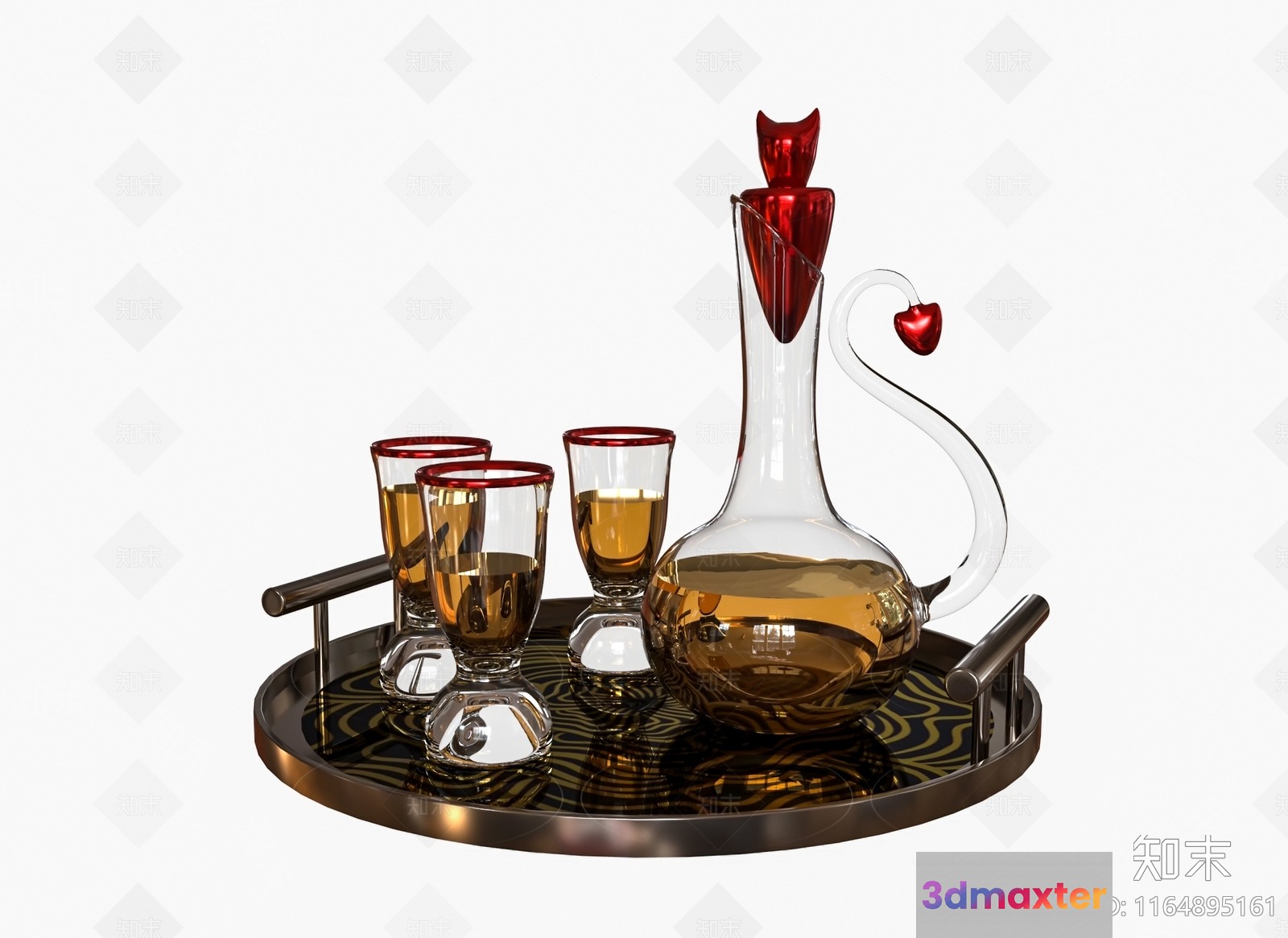 A Set Of Glasses And A Decanter On A Tray 3D Model - 14438 - VRAY Render
