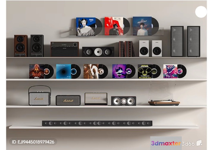 White Floating Shelves With Vinyl Records And Speakers 3D Model - 15856 - VRAY Render