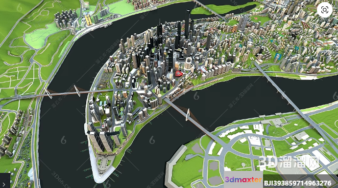 A City Map With A River 3D Model - 608 - VRAY Render