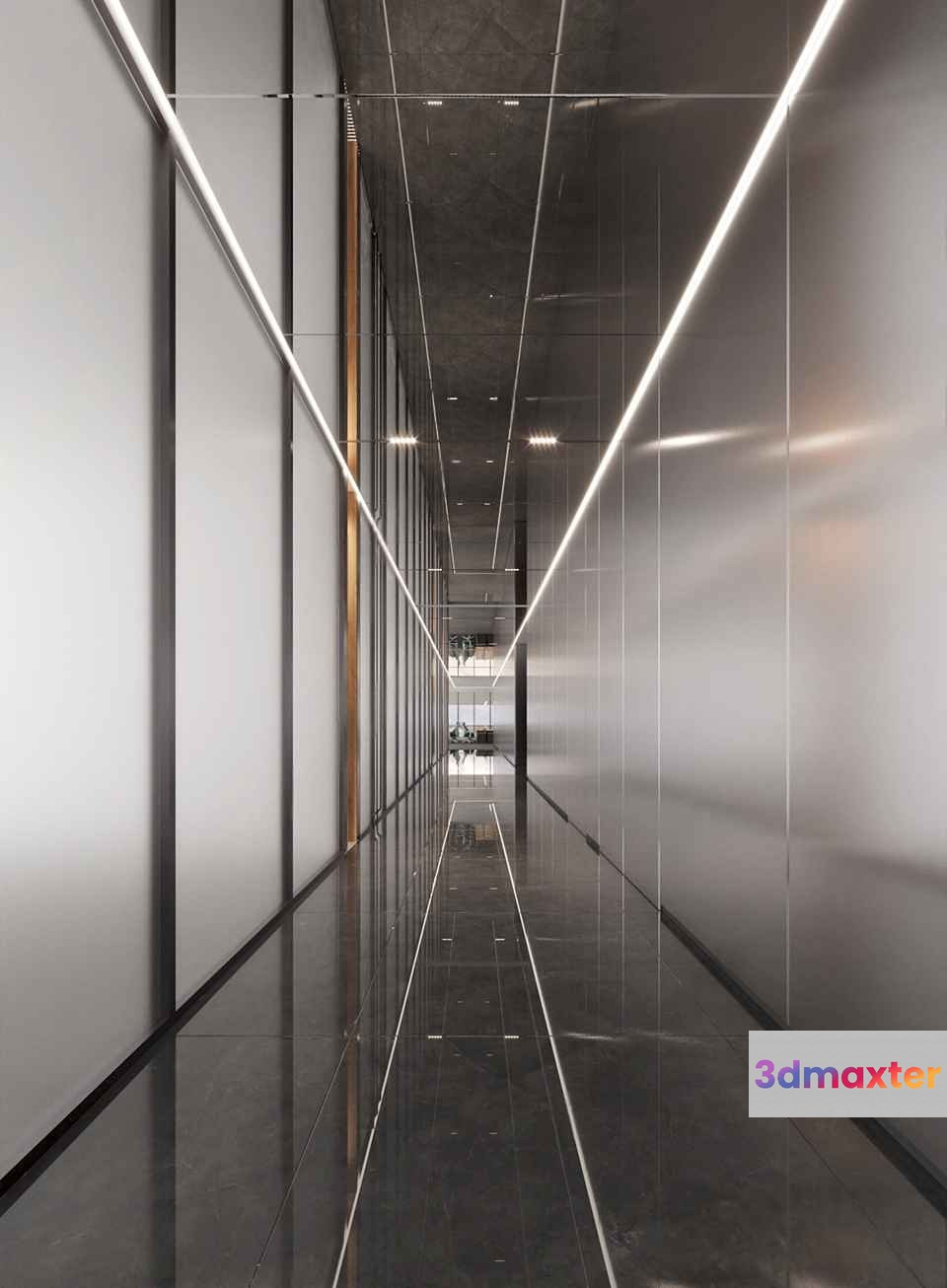 Long Hallway With White And Gray Walls 3D Model - 6629 - CORONA Render