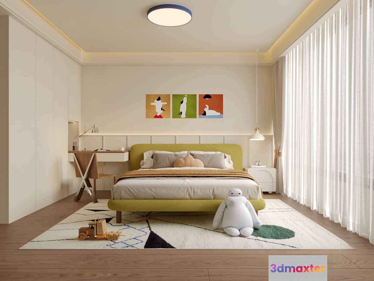 A Bedroom With A Large Bed 3D Model - 18622 - VRAY Render