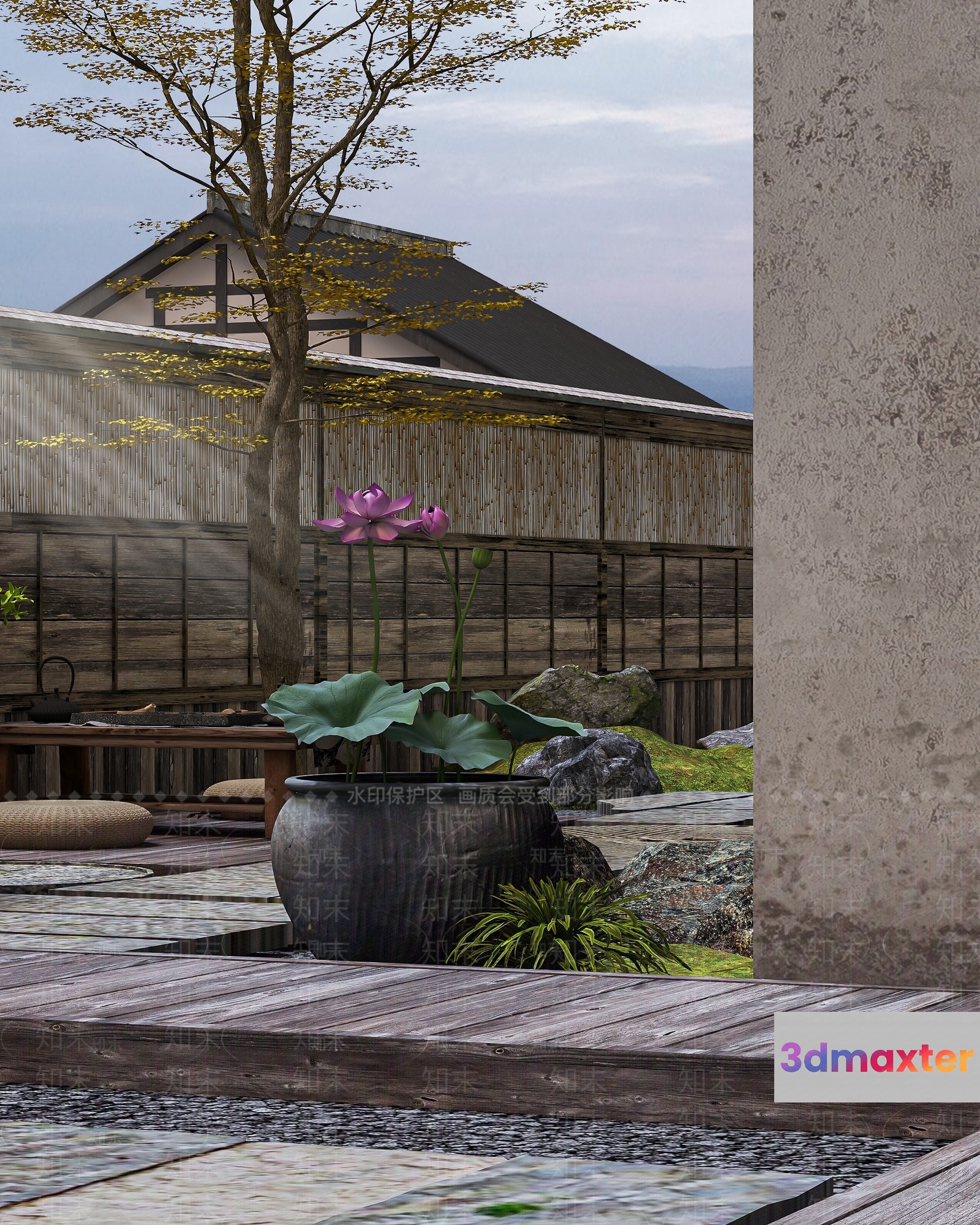A Japanese-Style Garden With A Wooden Deck 3D Model - 16046 - VRAY Render