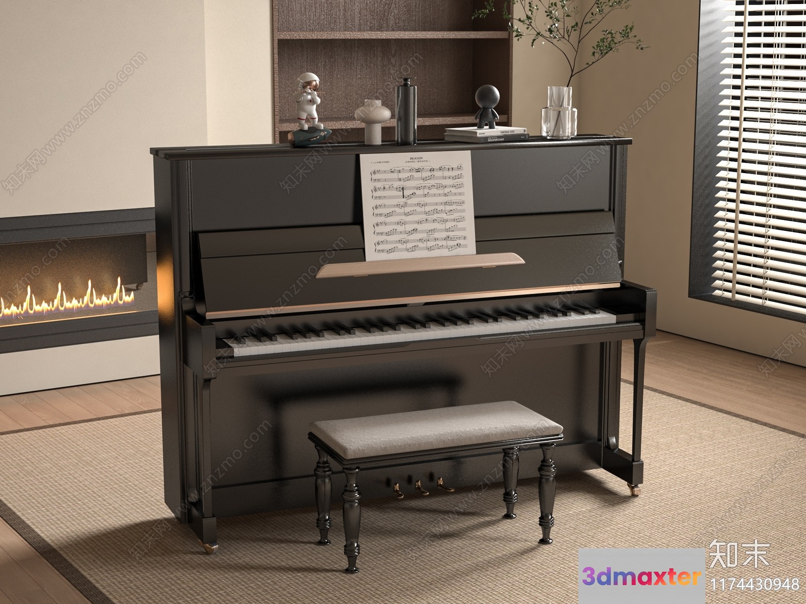A Black Piano With A Bench 3D Model - 20676 - VRAY Render