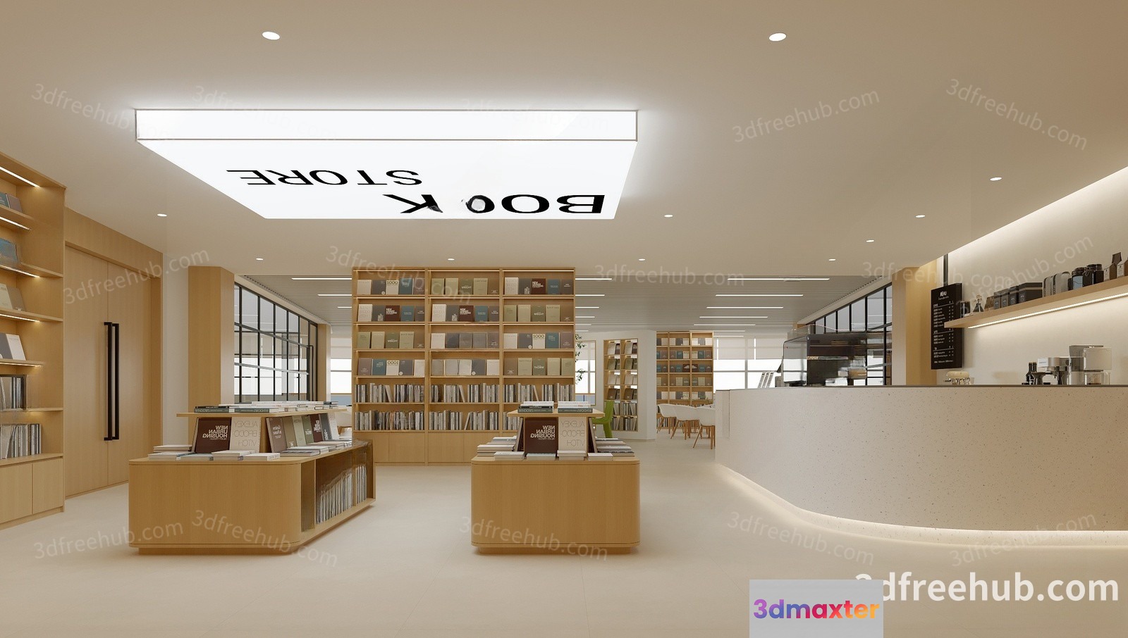 A Bookstore Interior With Wooden Shelving 3D Model - 22945 - VRAY Render