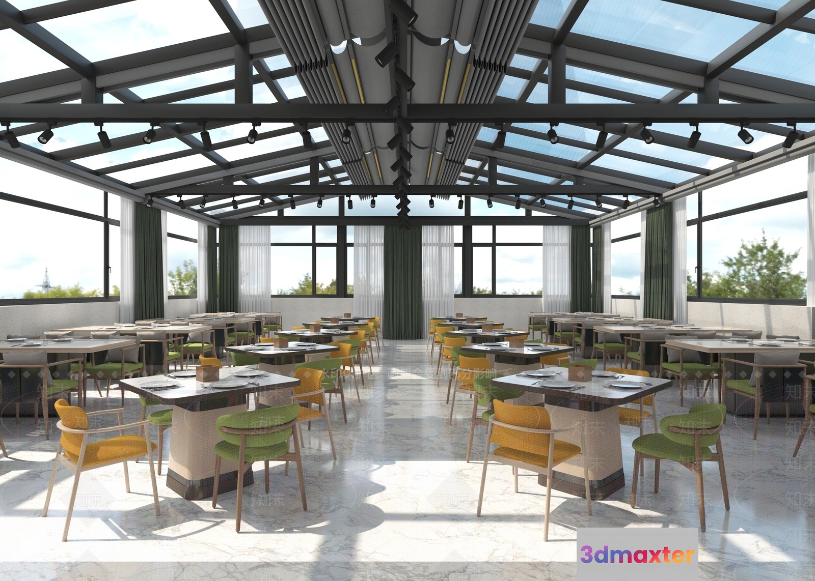 A Large Dining Room With A High Ceiling 3D Model - 10158 - VRAY Render