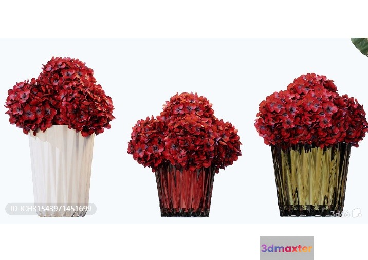 Three Vases With Red Flowers 3D Model - 9432 - VRAY Render