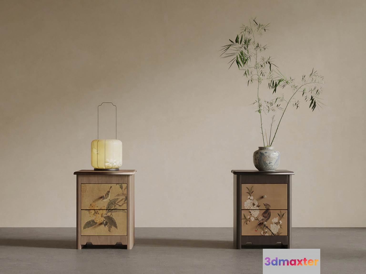 Two Small Wooden Nightstands With Floral Designs 3D Model - 6724 - VRAY Render