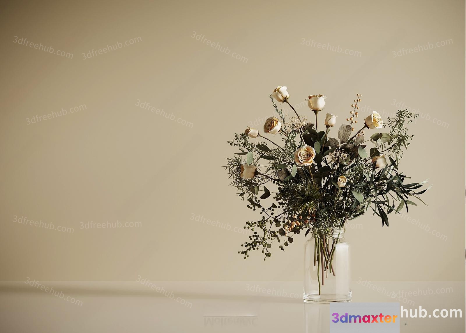 A Clear Glass Vase With White Flowers And Greenery 3D Model - 21243 - VRAY Render