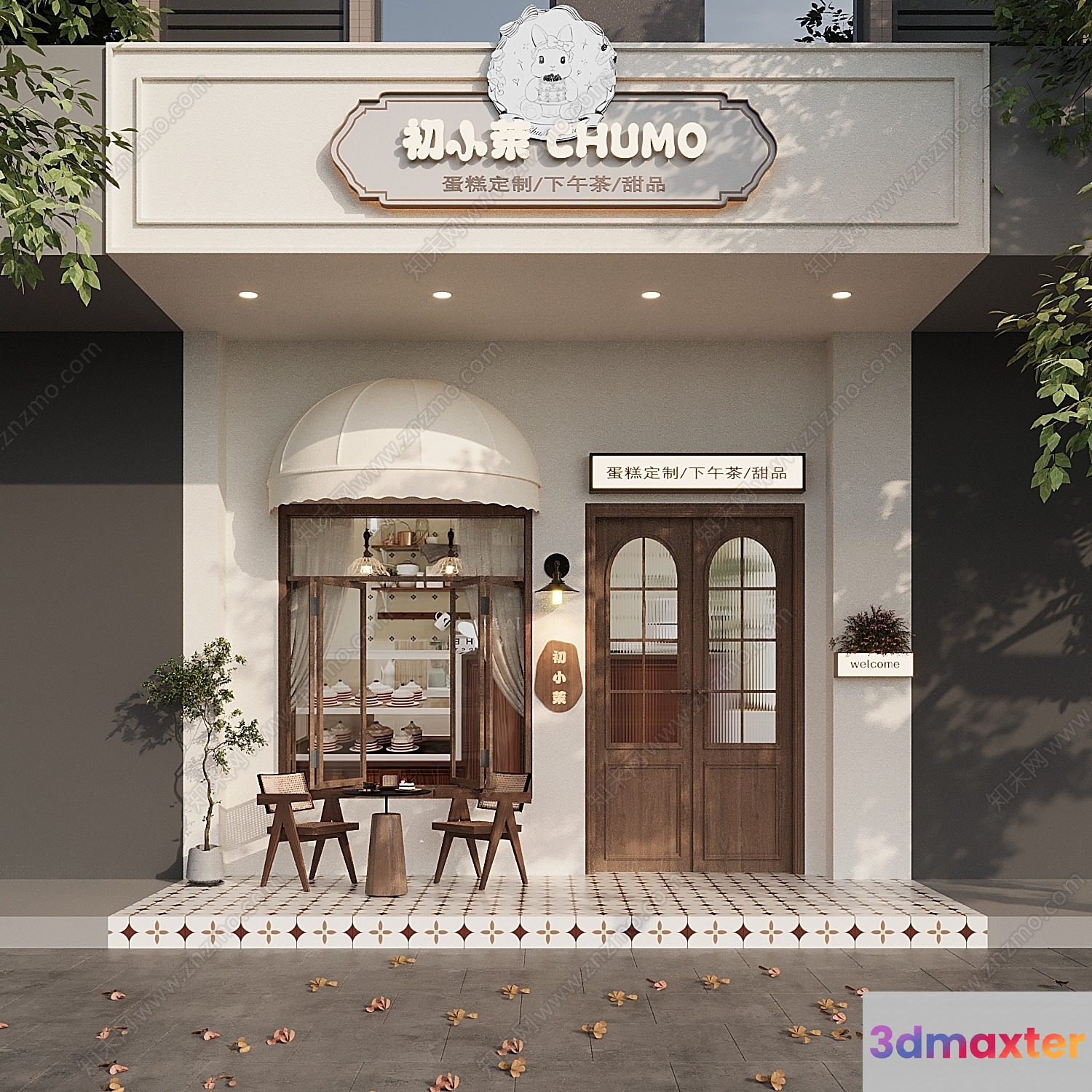 A Storefront With A White Facade And Brown Door 3D Model - 492 - CORONA Render