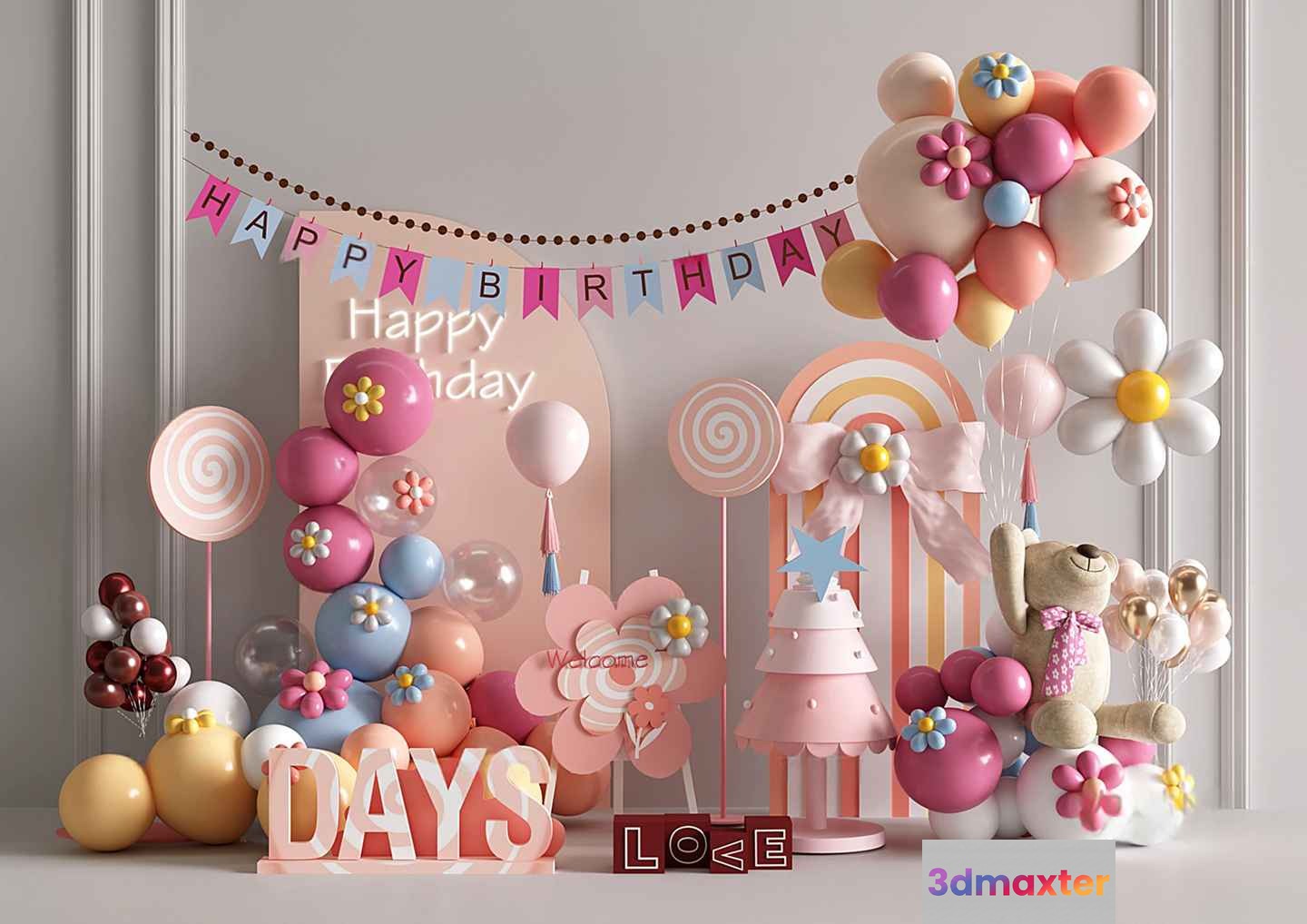 Pastel Birthday Decorations 3D Model - 3133 - VRAY Render
