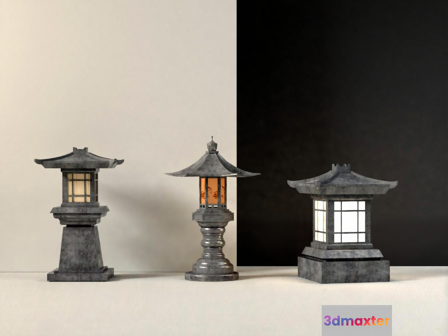 Three Japanese-Style Lanterns 3D Model - 19047 - VRAY Render
