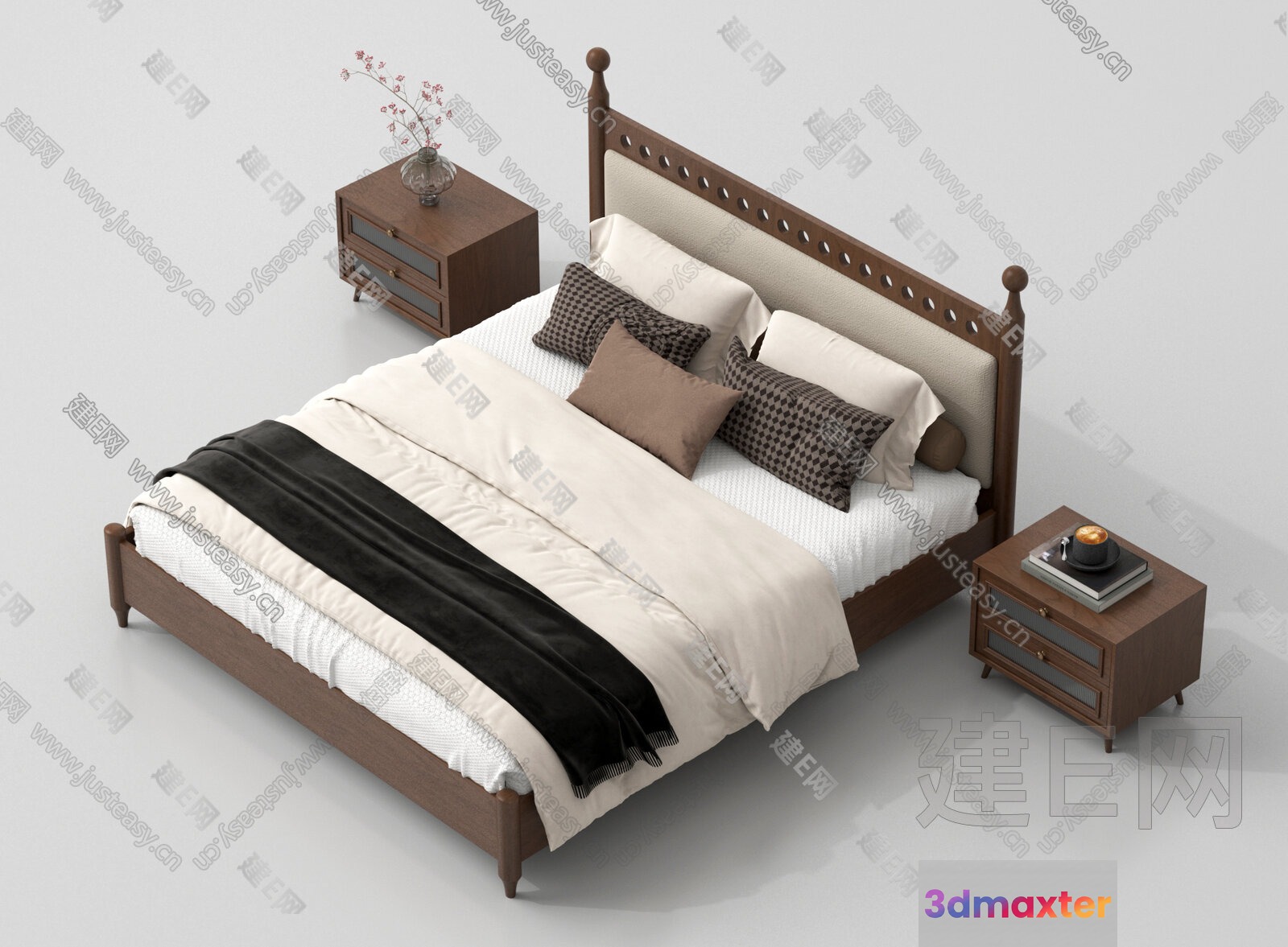 A Wooden Bed With A White Comforter 3D Model - 19182 - VRAY Render