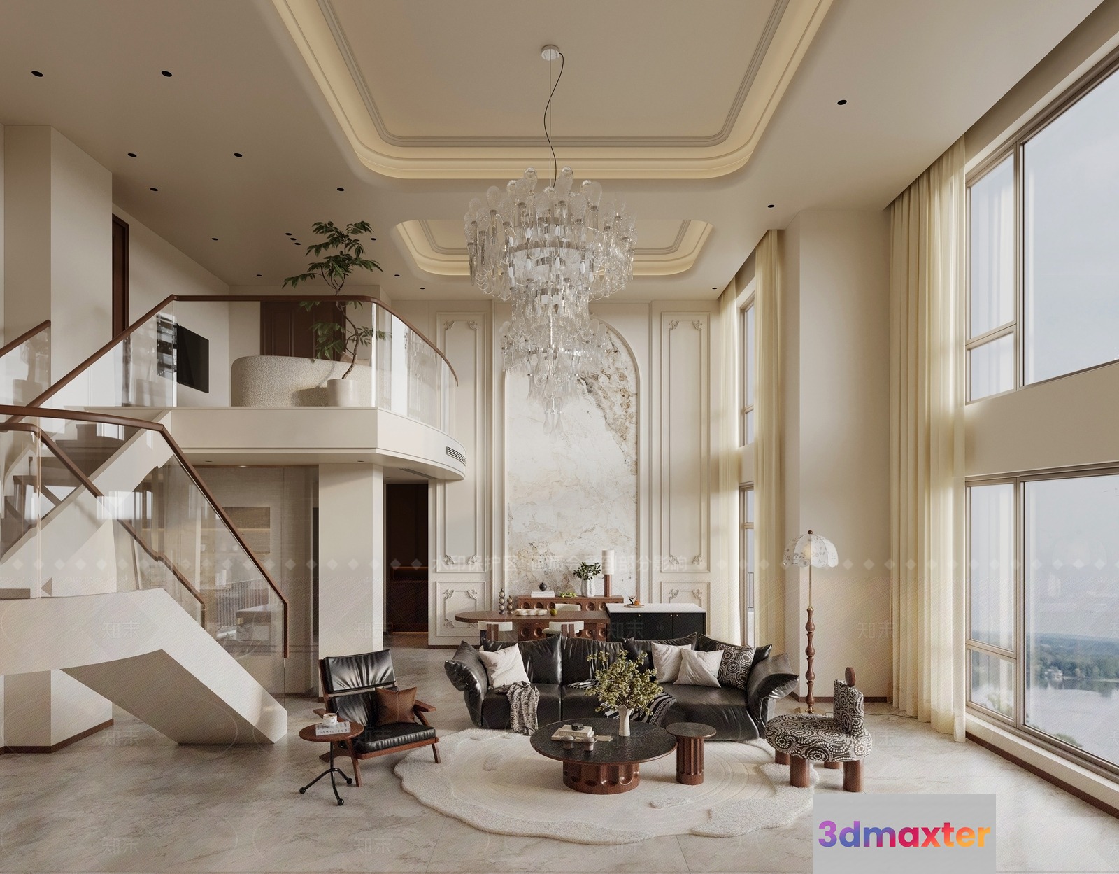 Modern High Ceiling Living Room 3D Model - 20612 - CORONA Render