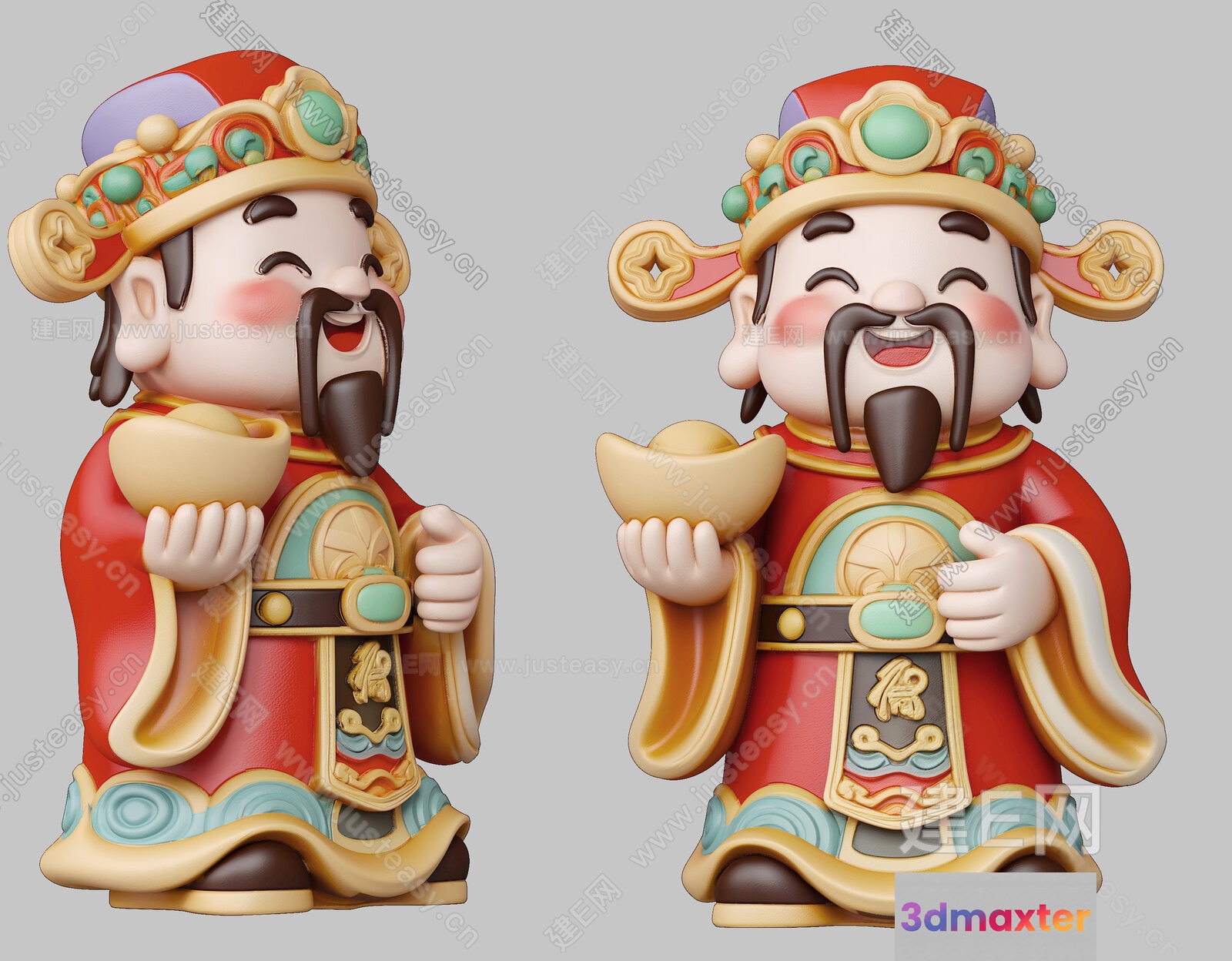 Two Cartoon Statues Of Chinese Men Holding Gold Ingots 3D Model - 4625 - VRAY Render
