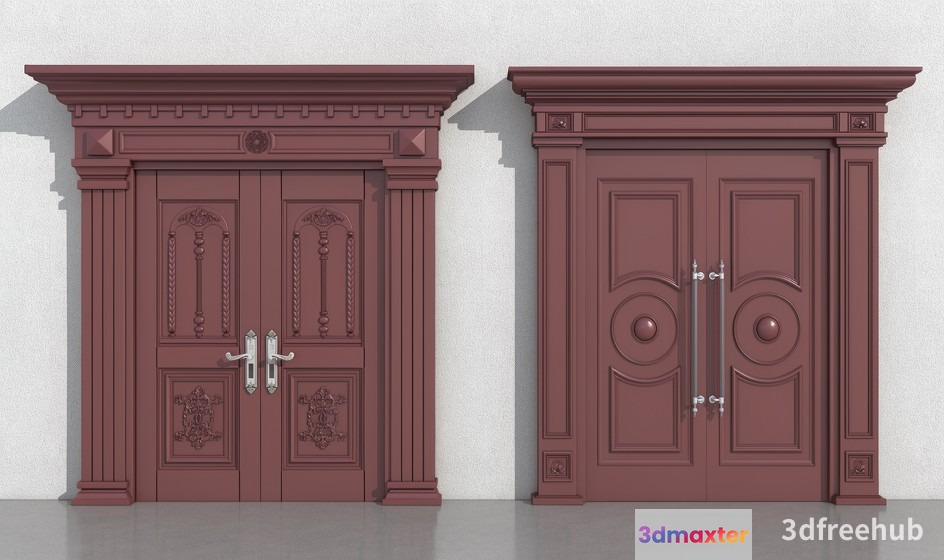 Two Large Brown Doors With Ornate Details 3D Model - 19681 - VRAY Render