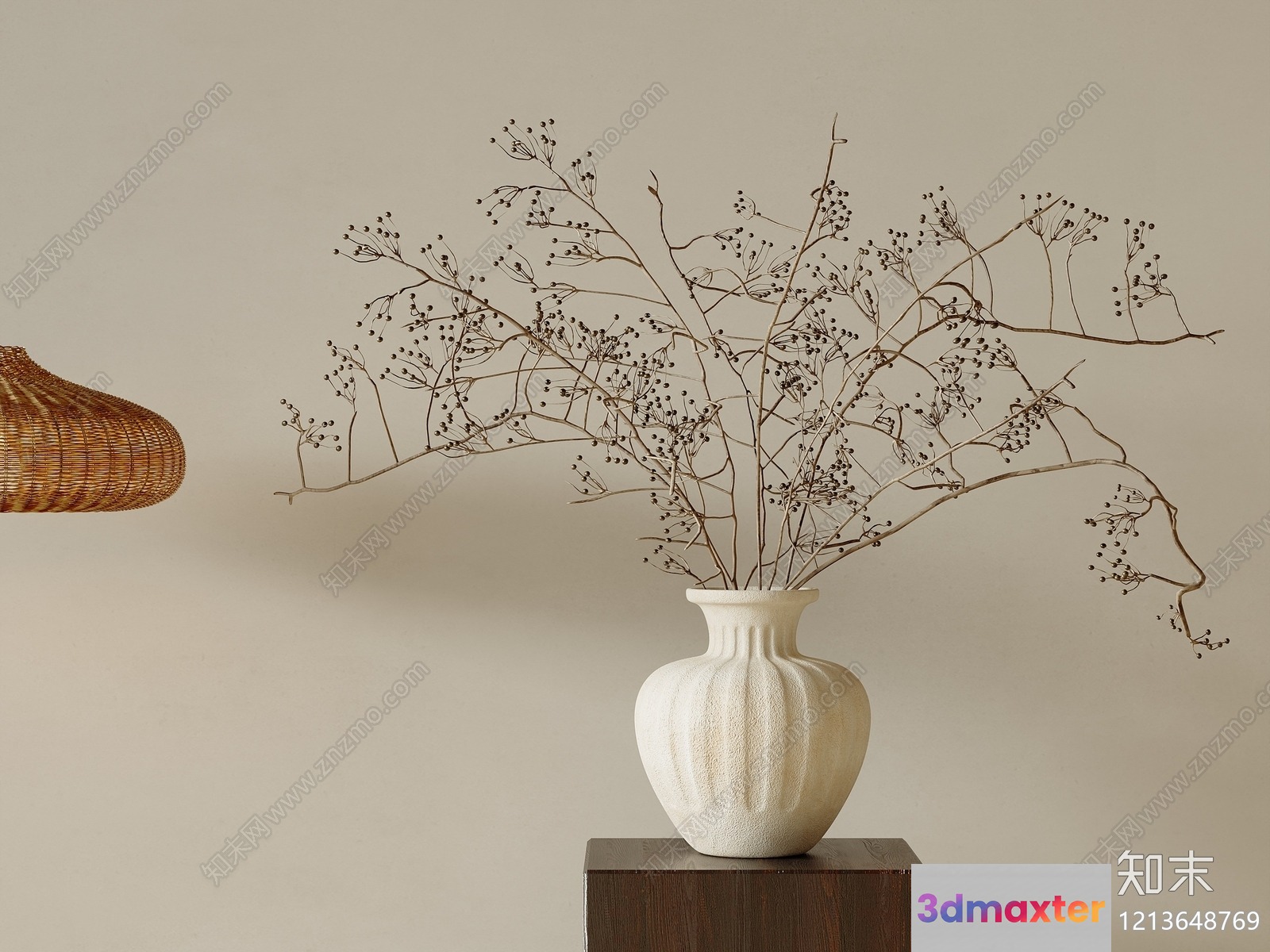 A White Vase With Dried Flowers 3D Model - 16694 - VRAY Render