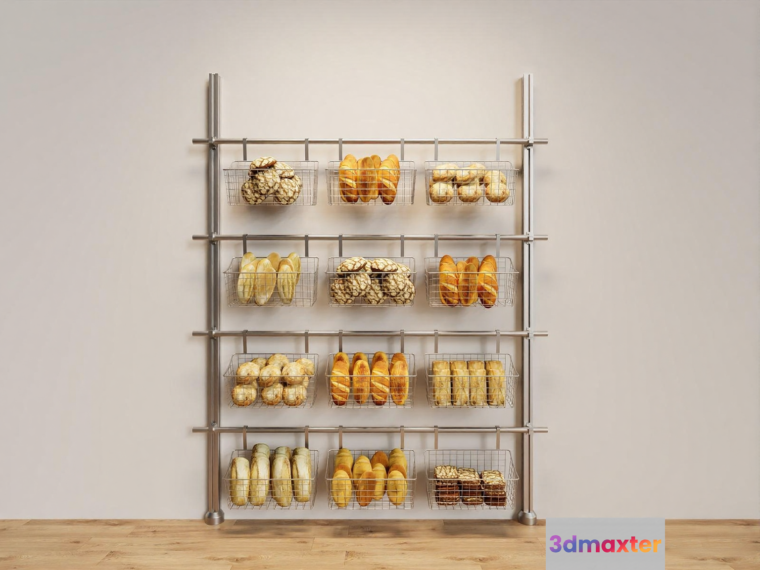 A Metal Shelving Unit With Bread Baskets 3D Model - 14279 - CORONA Render