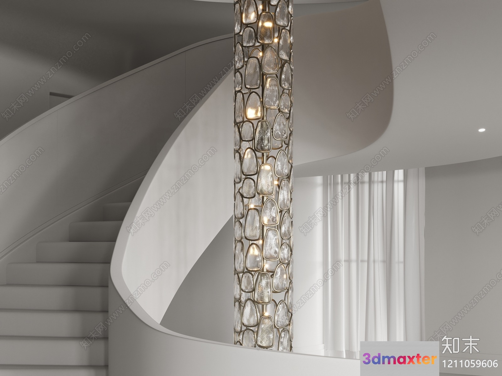 A Modern Staircase With A Glass Light Fixture 3D Model - 933 - VRAY Render