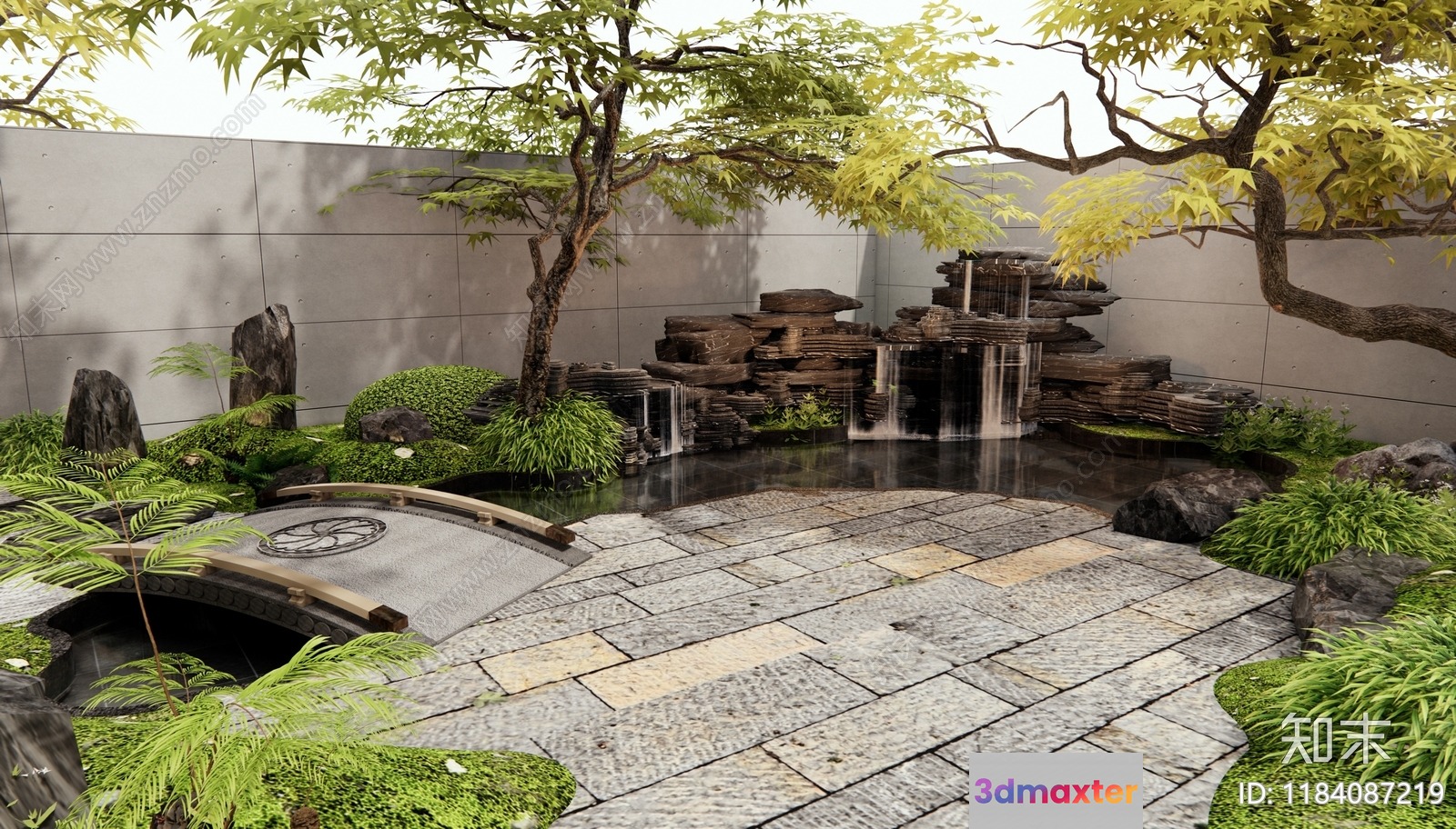 Japanese-Style Garden With Stone Path Pond And Bridge 3D Model - 12969 - VRAY Render