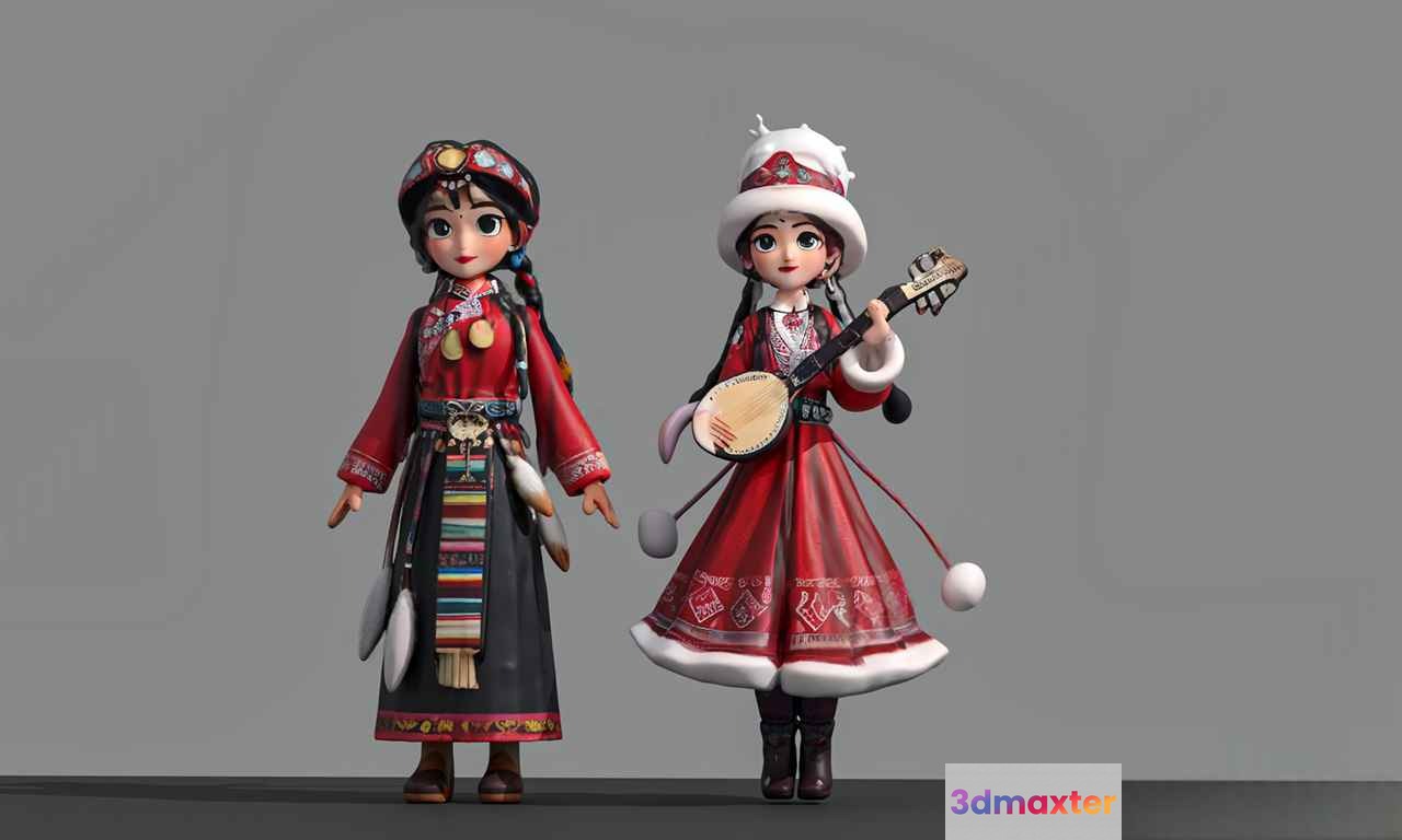 Two Cartoon Girls In Traditional Red Dresses 3D Model - 17170 - VRAY Render