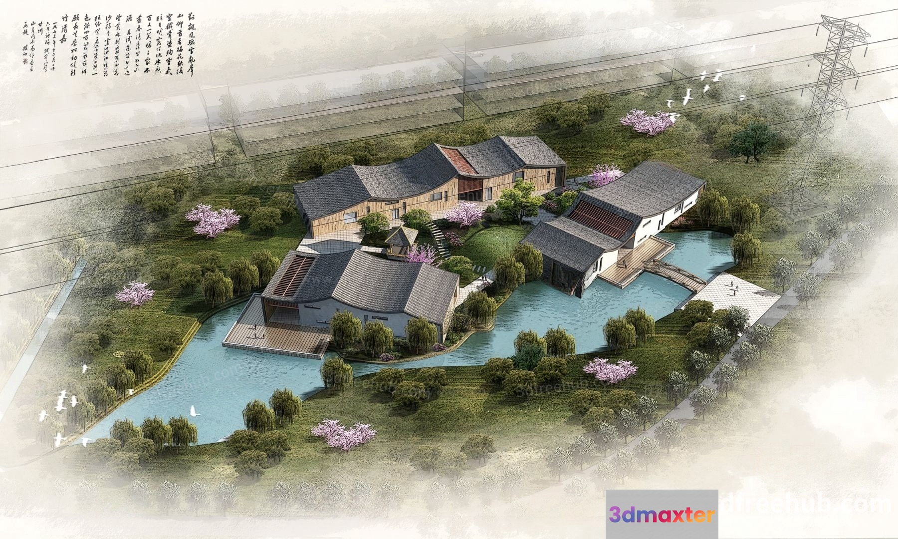 This Image Depicts A Serene And Luxurious House With A Large Pool And A Peaceful 3D Model - 1704 - VRAY Render