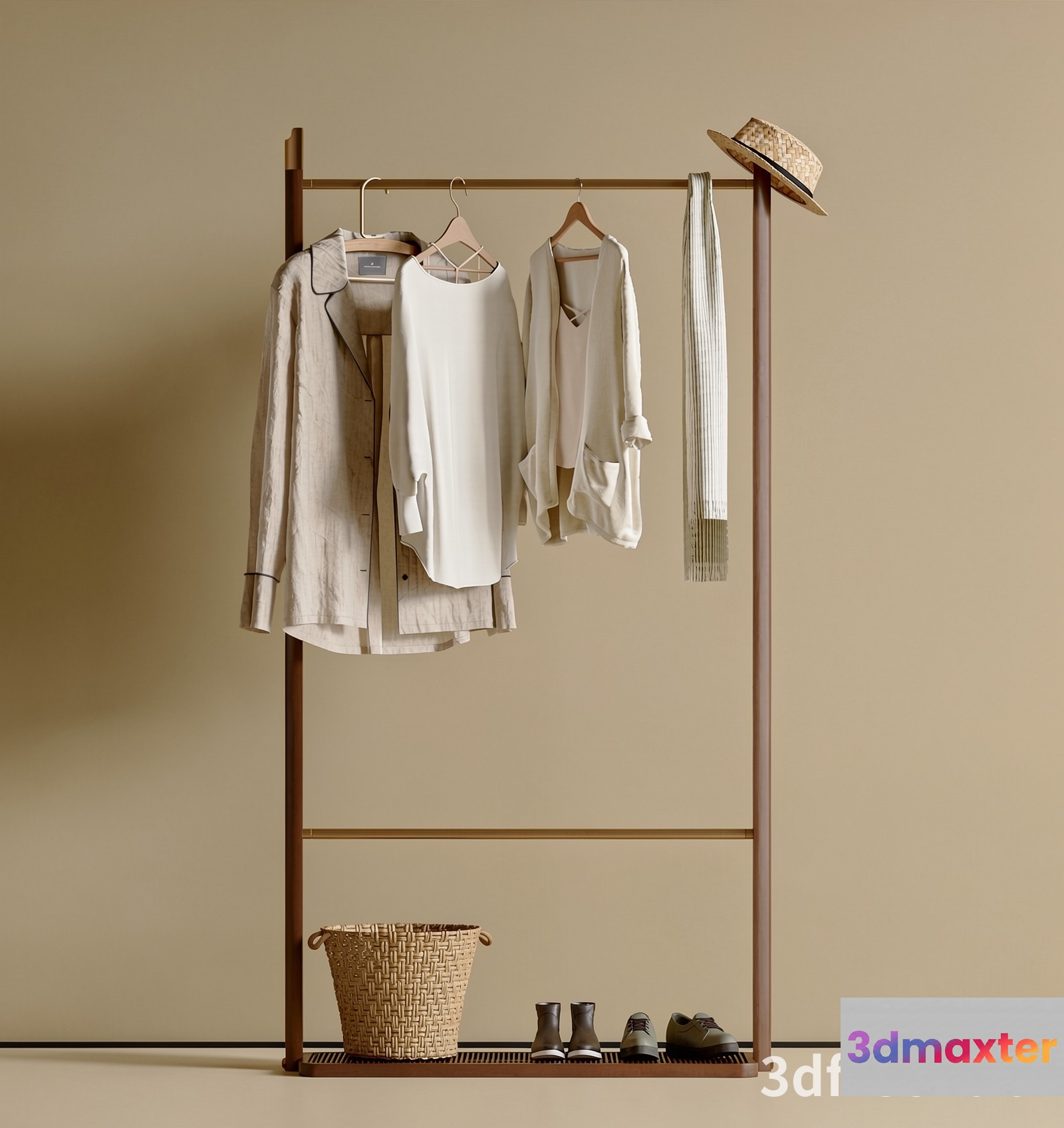 A Coat Rack With Clothes Hanging On It 3D Model - 22237 - VRAY Render